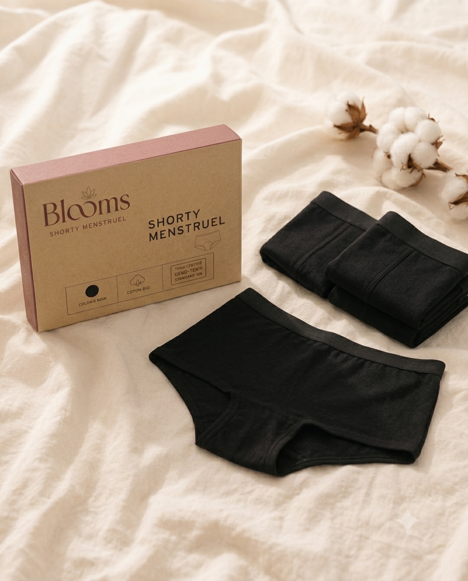 Packaging du Pack Duo Shorty menstruel Blooms, deux pièces livrées ensemble